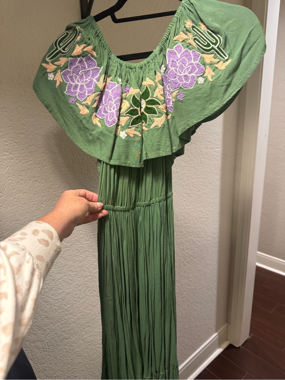 Green Embroidered womens Dress with Purple Floral Detail